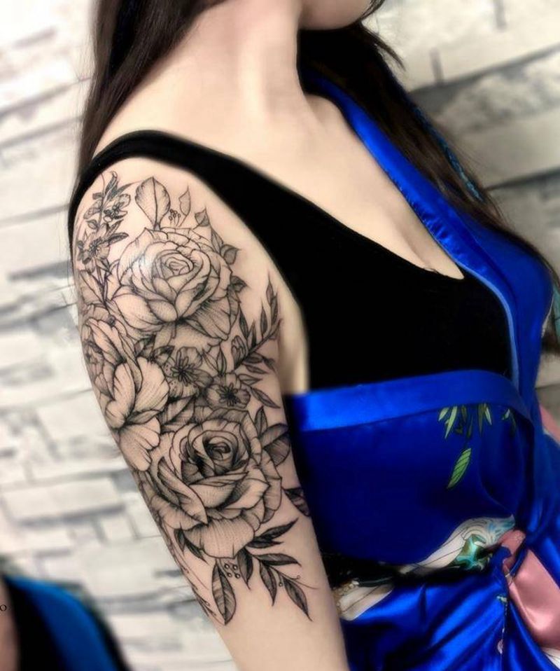 这是花臂纹身图片_成品肩部手臂清新植物纹身图案