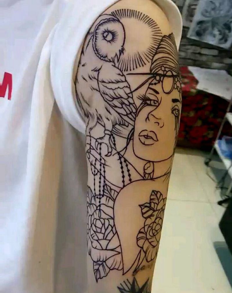 线条美女纹身图片_肩部欧美传统动物人物植物廊坊纹身成品纹身图案