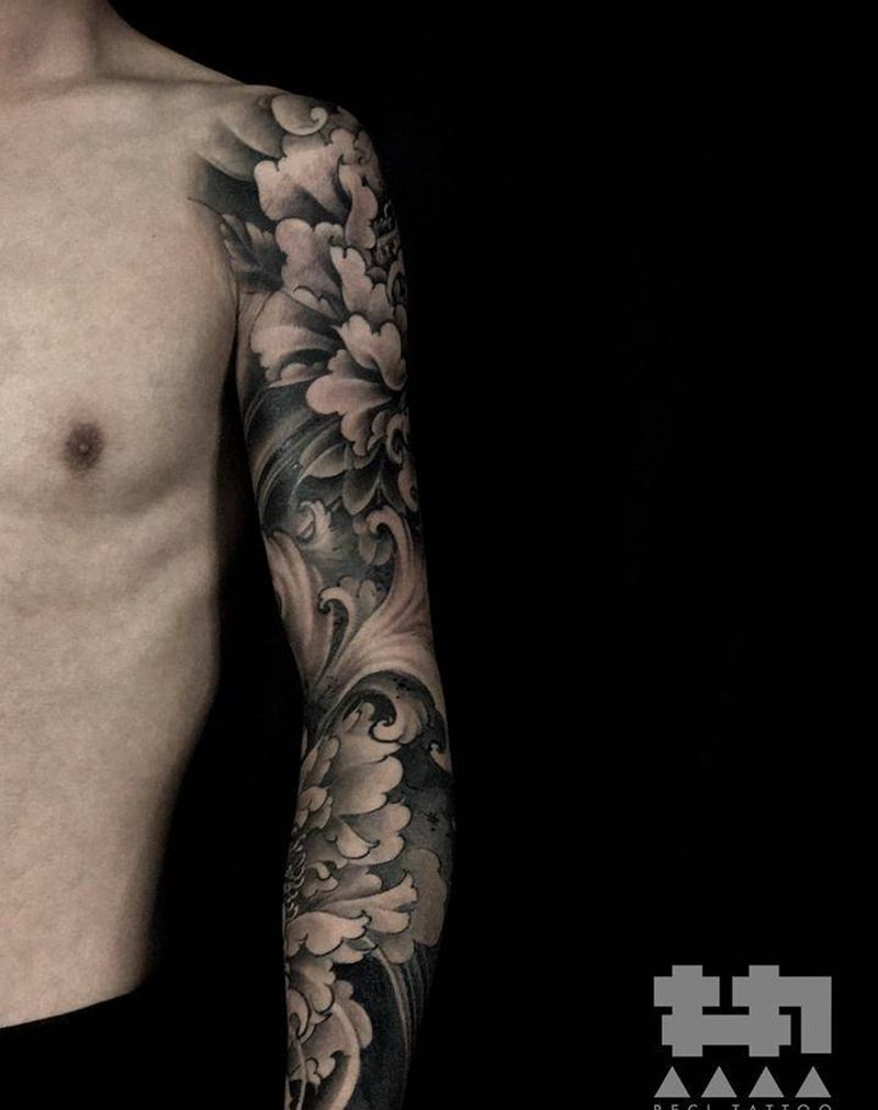 花臂纹身图片_成品手臂传统植物静物纹身图案