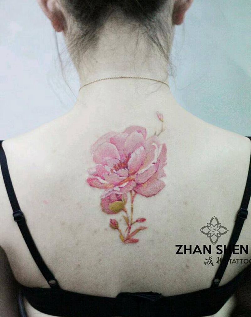 牡丹花纹身图片_肩部胸部水彩新传统工笔画纹身图案