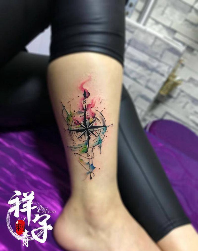 指南针纹身图片_成品腿部清新静物纹身图案