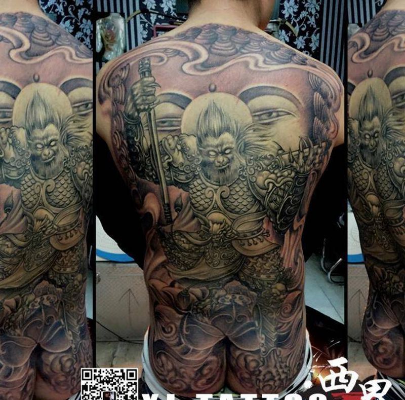 满背大圣纹身图片_成品背部传统人物鬼神宗教纹身图案