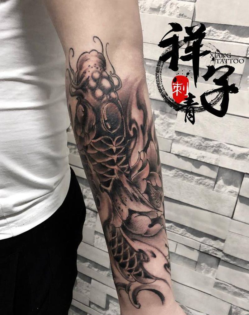鱼纹身图片_成品手臂传统植物动物纹身图案