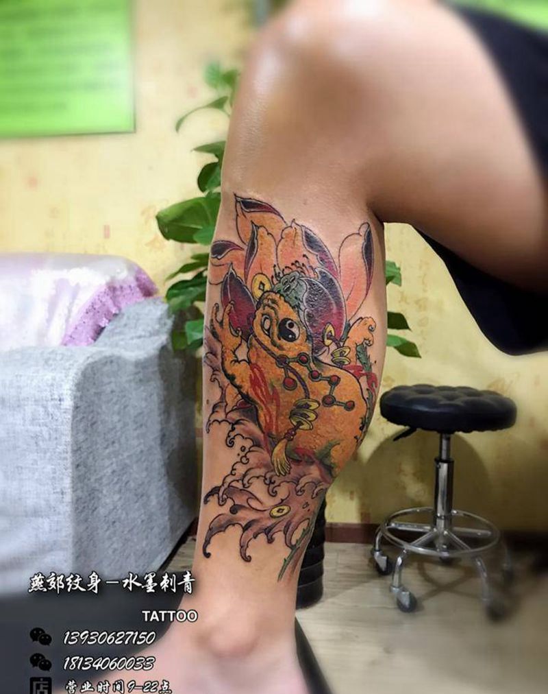 招财纹身图片_成品腿部传统动物植物纹身图案