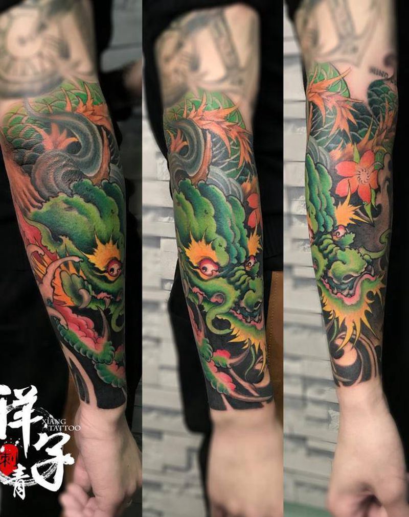小臂有条龙纹身图片_成品手臂传统鬼神纹身图案