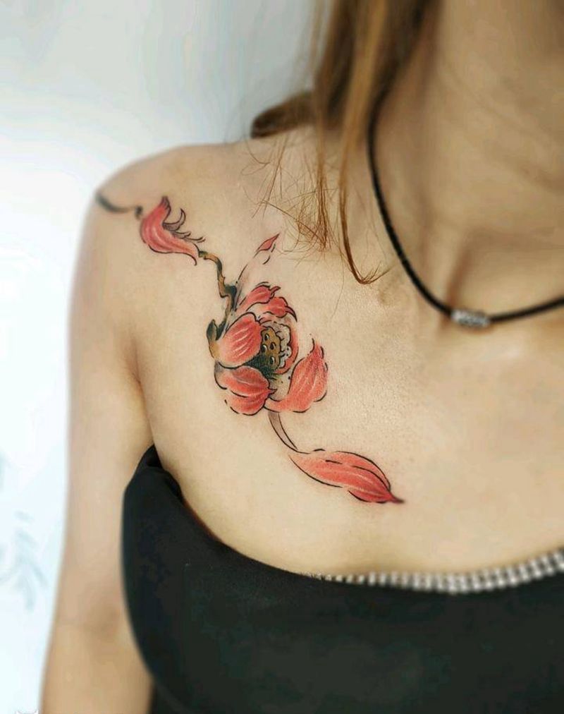 荷花遮盖纹身图片_肩部颈部新传统水彩荷花遮盖莲花纹身图案