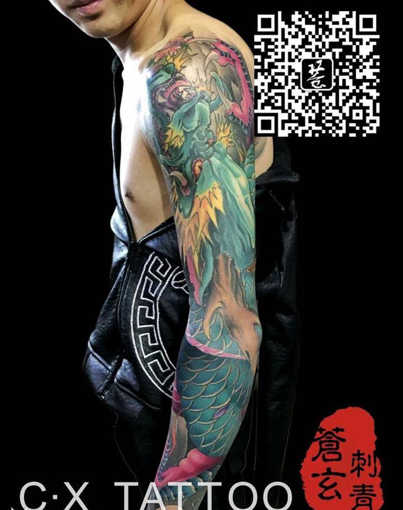 花臂龙纹身图片_颈部胸部背部手臂腿部脚部传统鬼神原创成品纹身图案