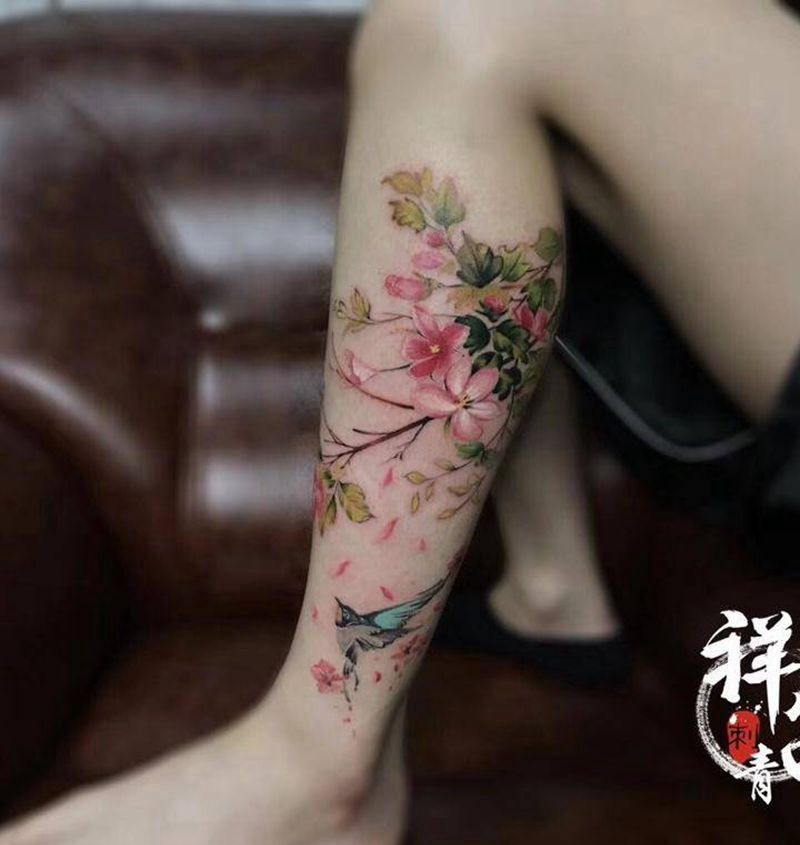 修改作品纹身图片_成品腿部清新植物动物纹身图案