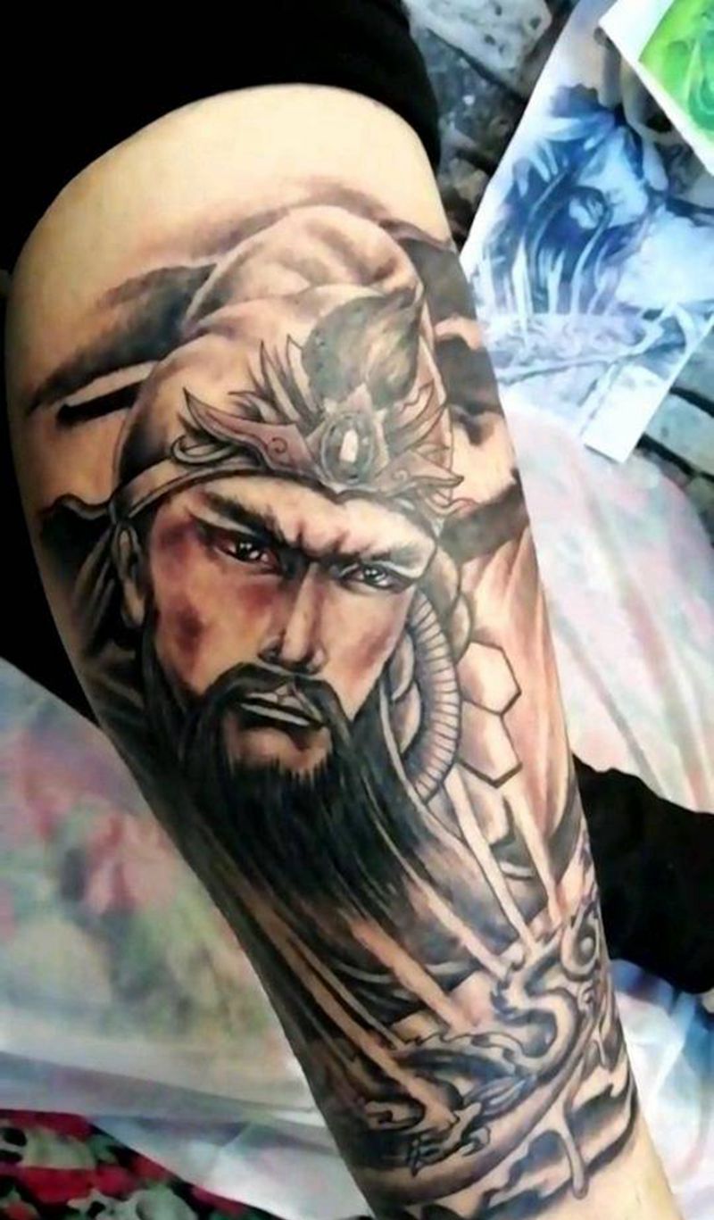 关公纹身图片_腿部老传统新传统纹身图案