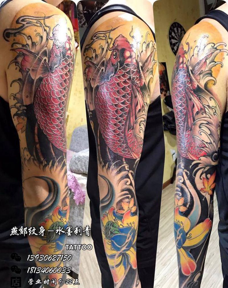 花臂遮盖纹身图片_成品肩部手臂传统动物植物纹身图案