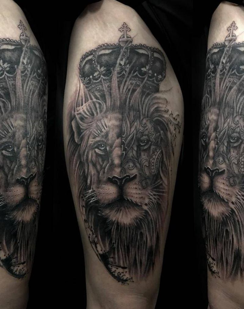 狮纹身图片_成品腿部欧美写实动物图腾纹身图案