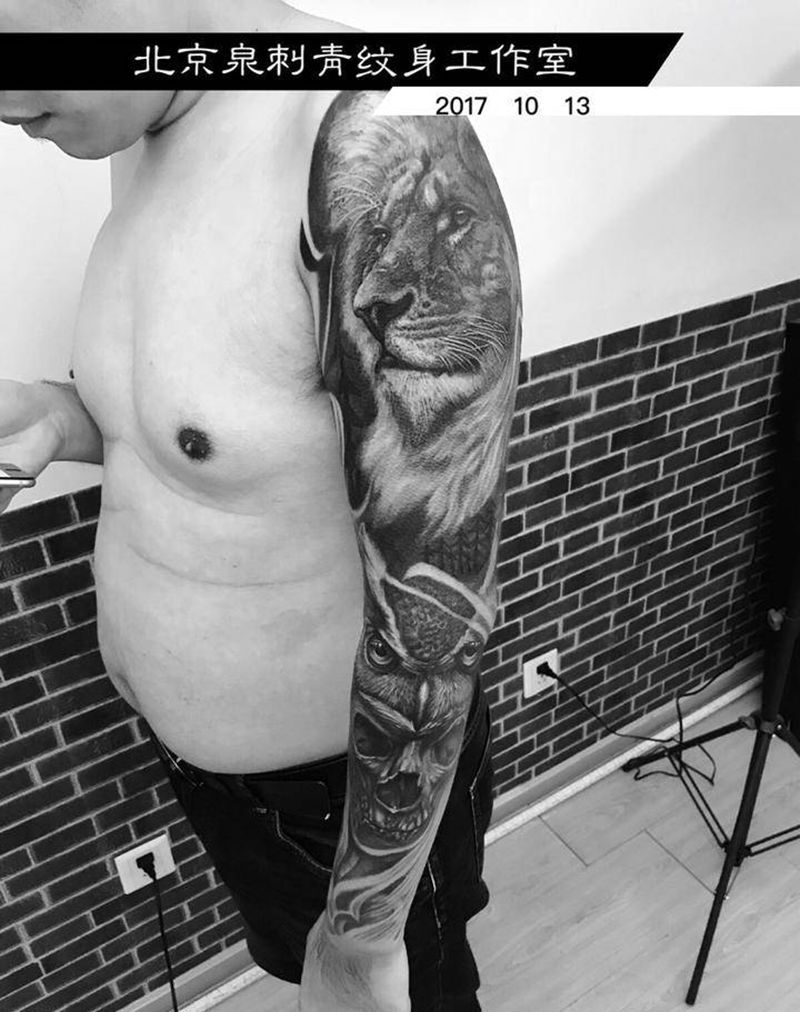 长袖花臂纹身图片_成品手臂欧美动物纹身图案