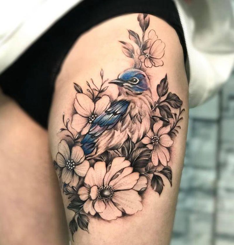 鸟语花香纹身图片_腿部点刺纹身图案