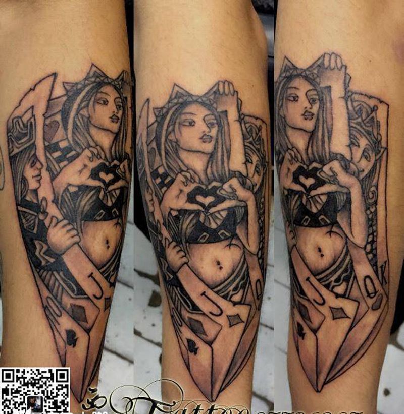 扑克美女纹身图片_成品手臂欧美贴纸几何纹身图案