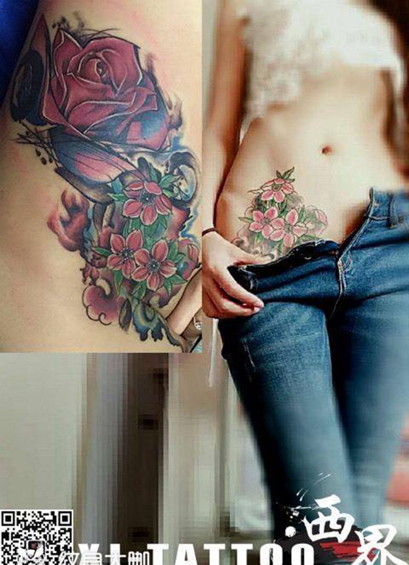 遮盖纹身图片_成品腹部欧美植物纹身图案