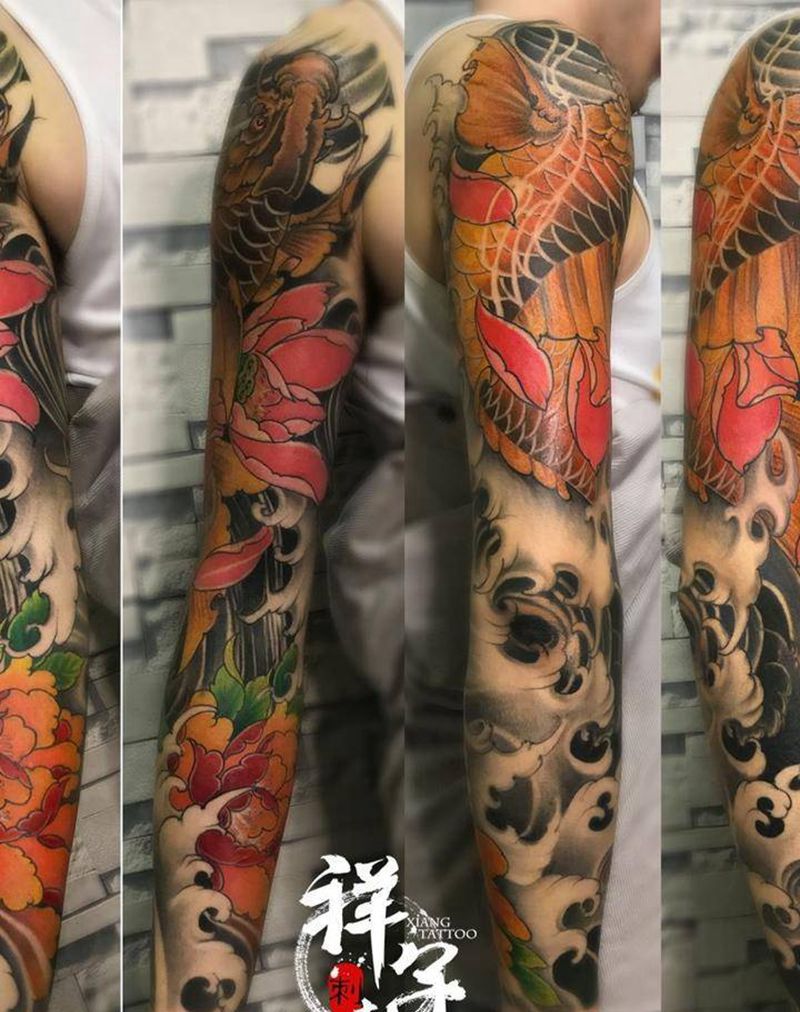鱼跃纹身图片_成品手臂传统动物植物原创纹身图案