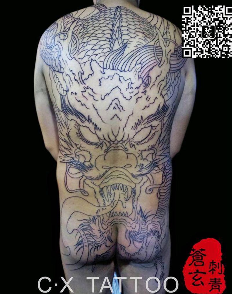 龙溪纹身图片_背部传统国画动物鬼神原创成品纹身图案