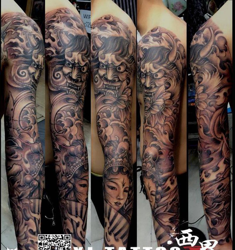 花臂纹身图片_成品手臂传统人物纹身图案