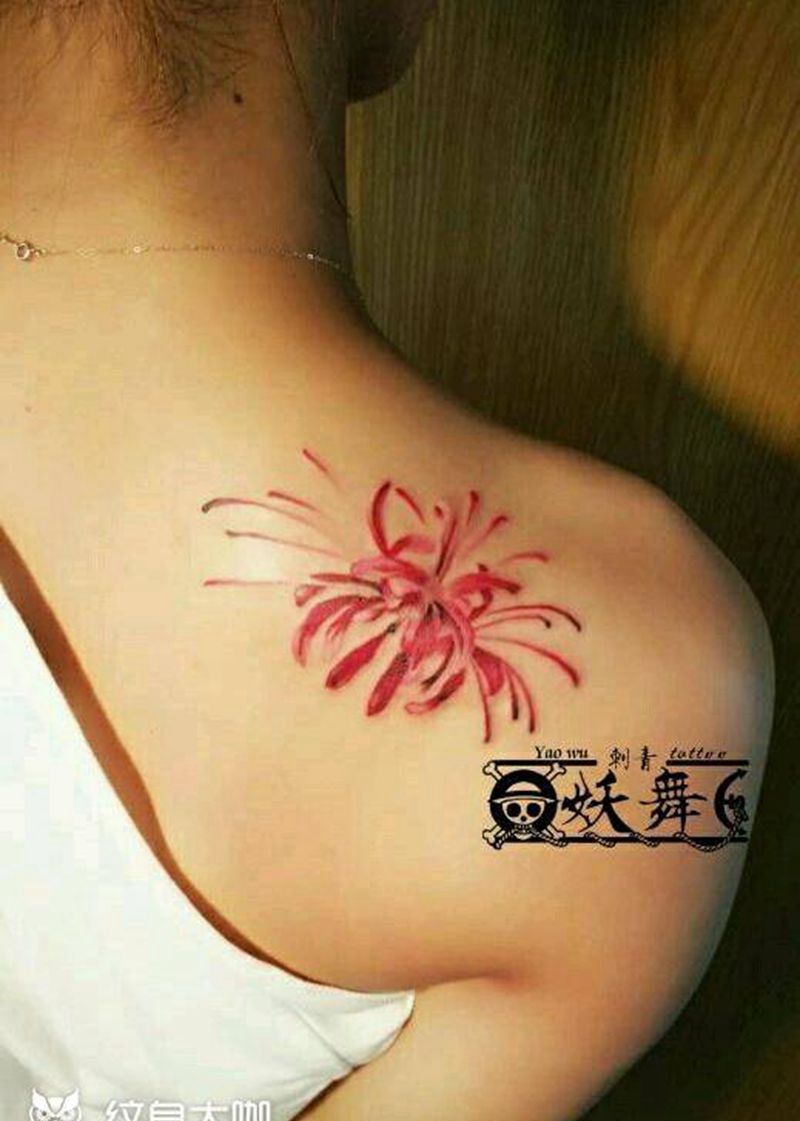 彼岸花纹身图片_肩部胸部背部欧美传统清新写实植物原创成品纹身图案