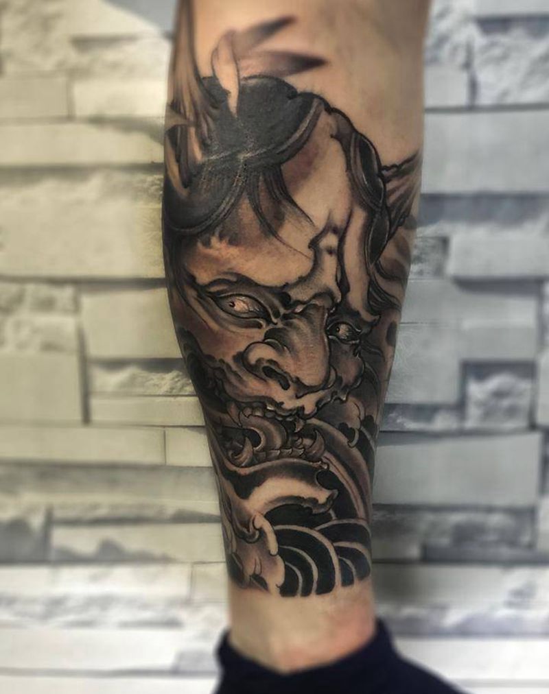 般若纹身图片_成品腿部传统鬼神般若纹身图案