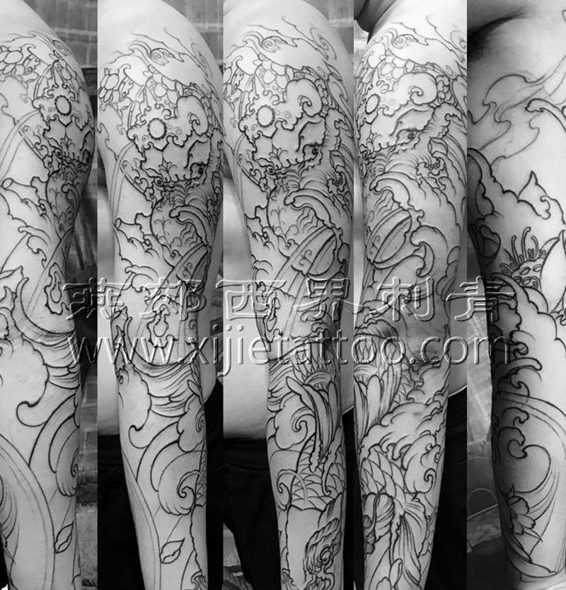 传统花臂割线纹身图片