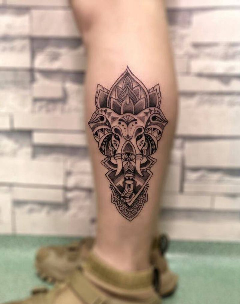 点刺财神象纹身图片_成品腿部清新动物纹身图案