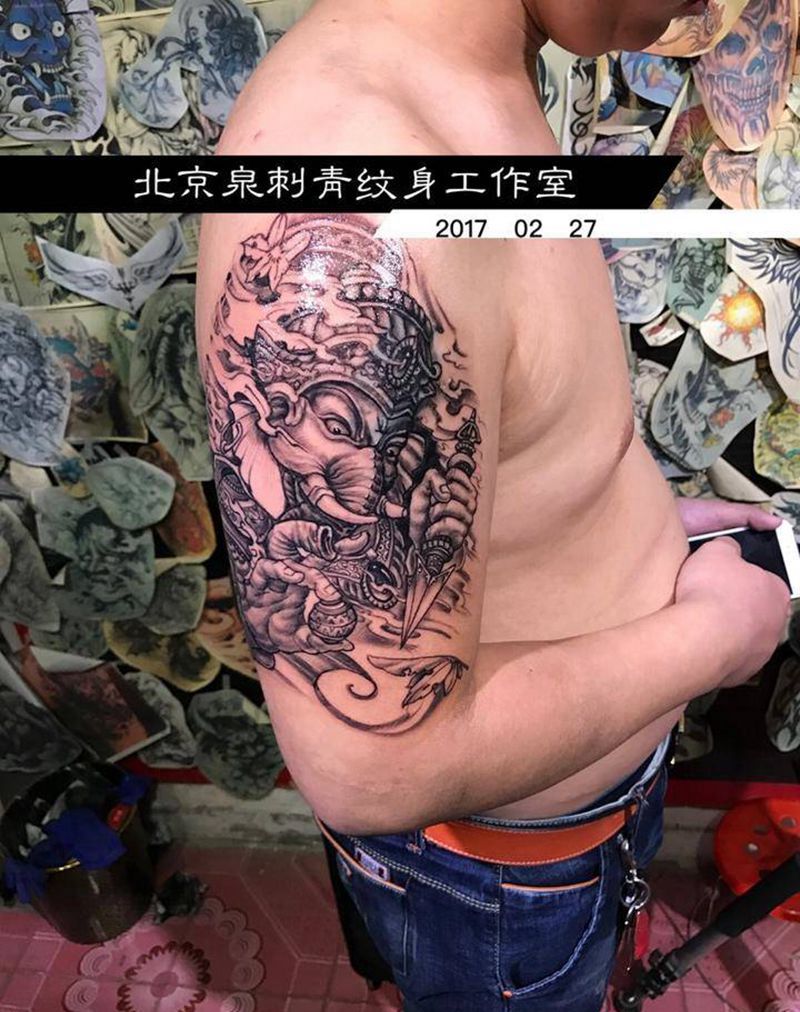 传统风格象神遮盖旧纹身纹身图片_成品手臂传统鬼神纹身图案