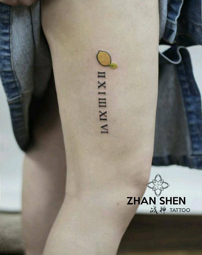 柠檬纹身图片_背部腿部几何图腾柠檬字母纹身纹身图案