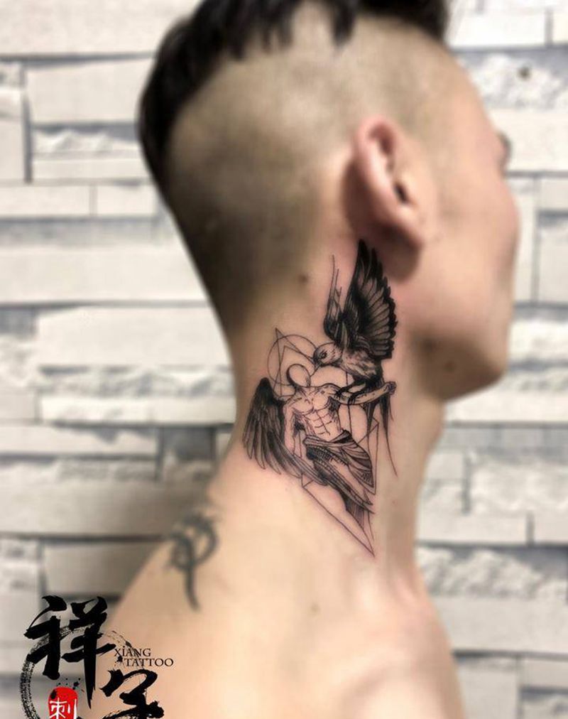 天使纹身图片_成品颈部清新鬼神纹身图案