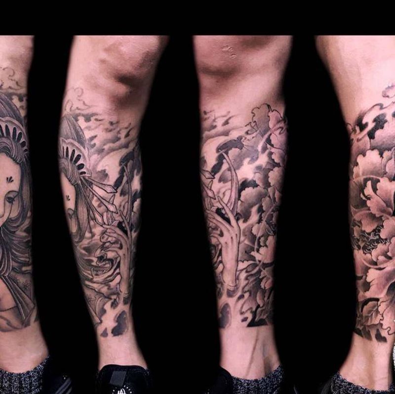 艺妓纹身图片_腿部新传统纹身图案