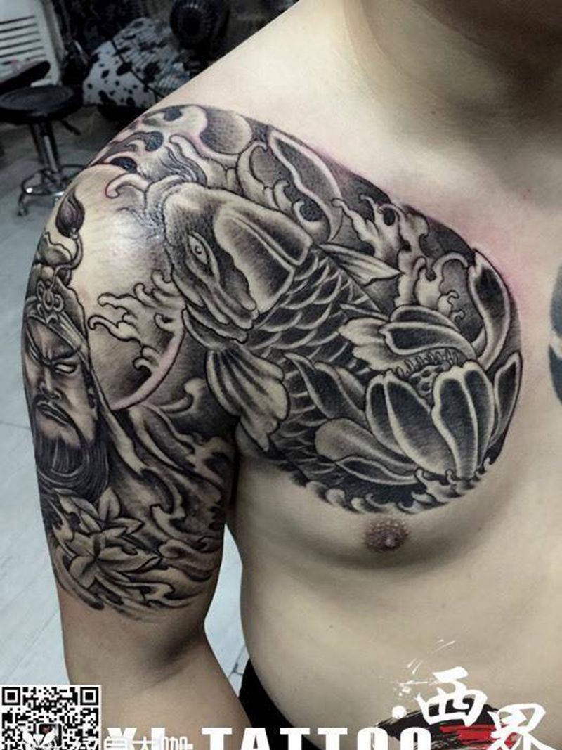 半甲纹身图片_成品胸部手臂传统习俗写实几何人物鬼神贴纸纹身图案