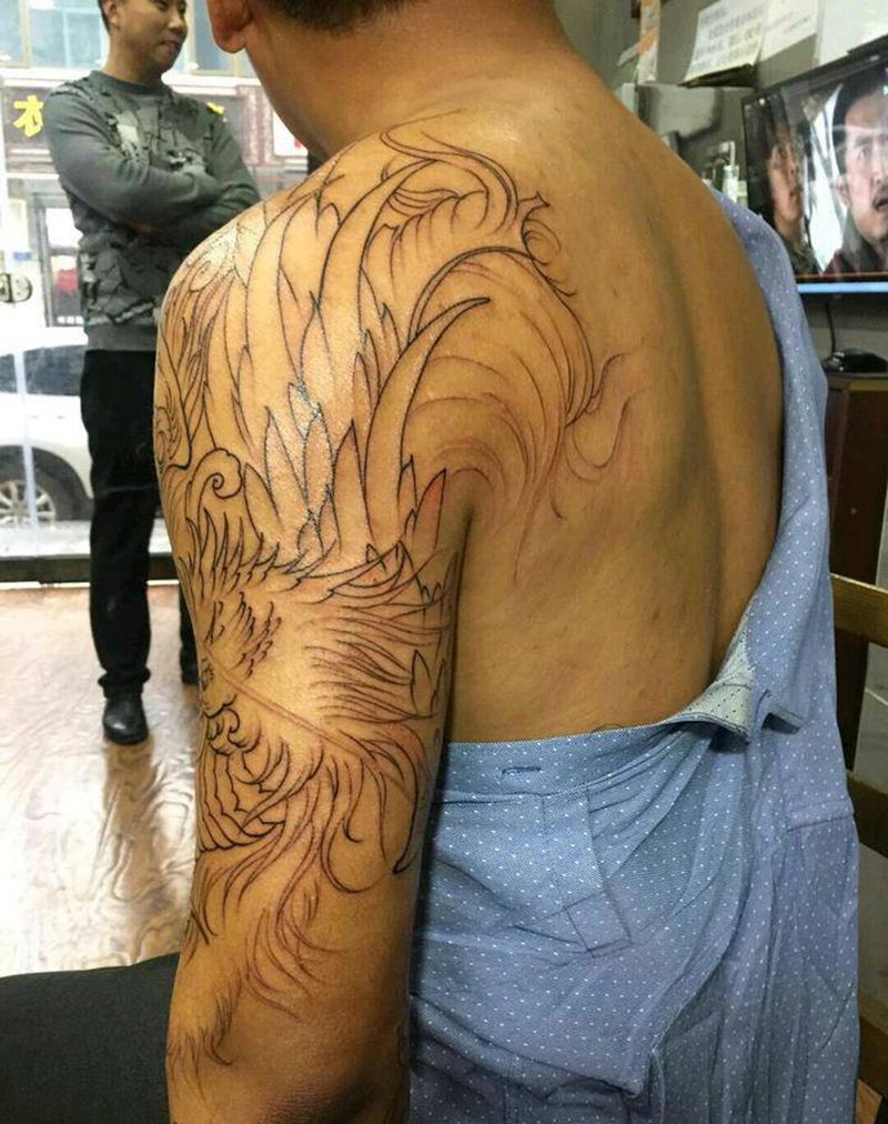 凤-牡丹 花臂-未完成纹身图片