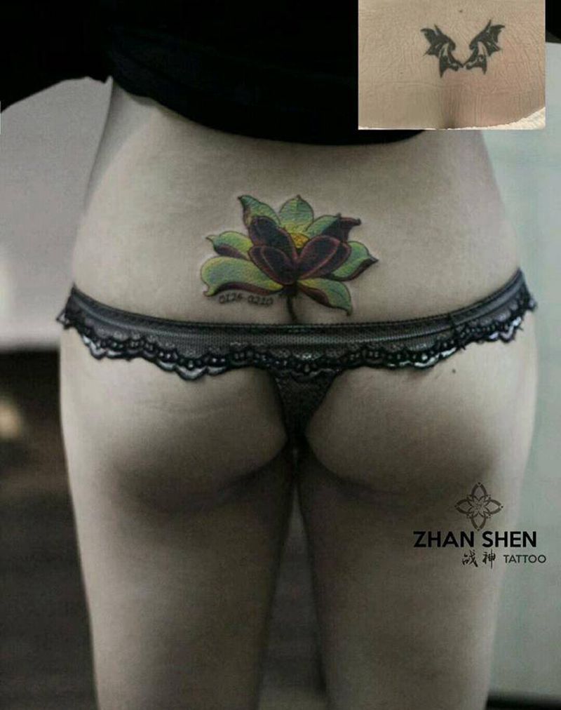 荷花纹身图片_腹部胸部新传统老传统荷花莲花纹身遮盖纹身图案