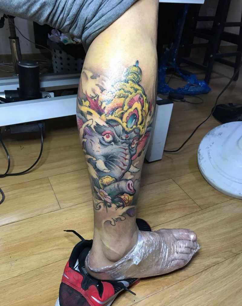 象神纹身图片_腿部新传统纹身图案
