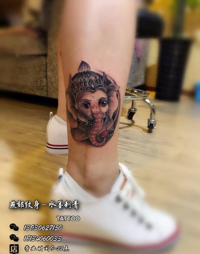 小象～纹身图片_成品脚部腿部传统清新动物纹身图案