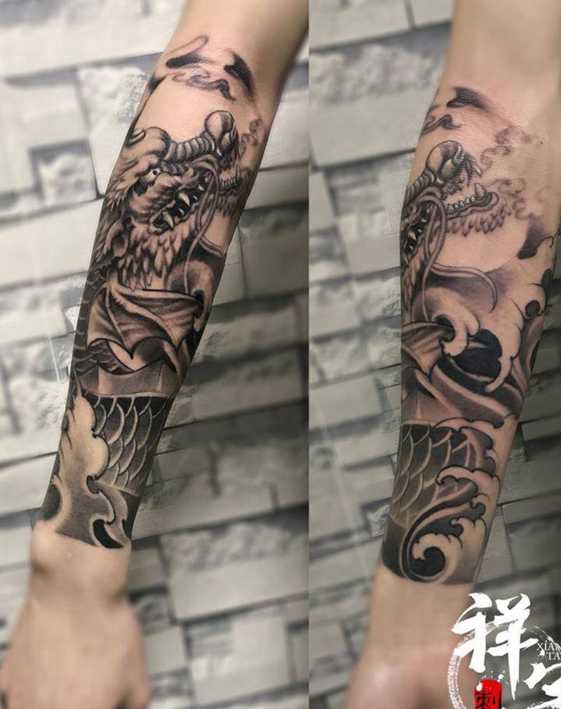 鳌鱼纹身图片_成品手臂传统动物纹身图案