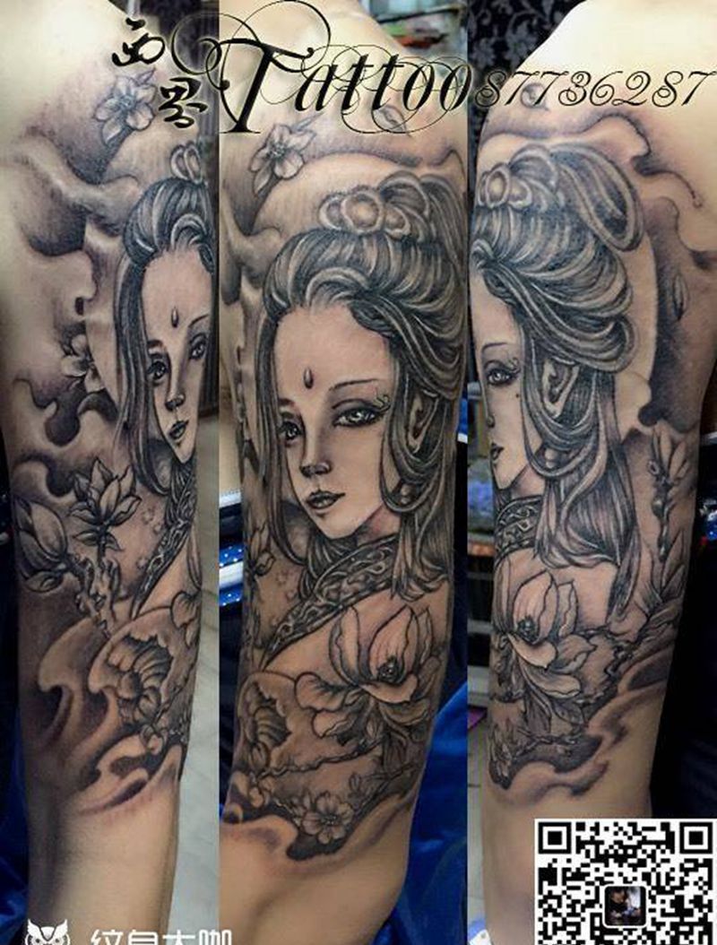 美女纹身图片_成品手臂传统人物纹身图案