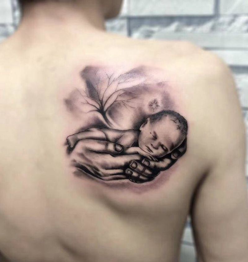 守护纹身图片_成品肩部背部欧美肖像人物静物植物纹身图案