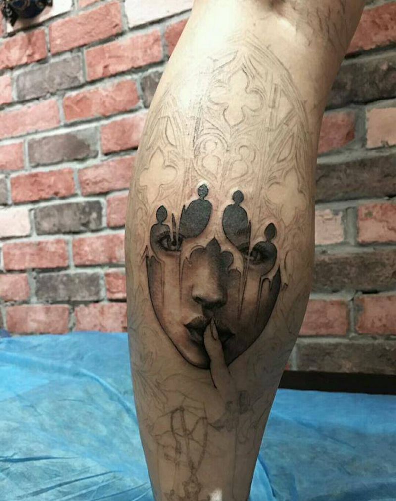 欧美写实修女纹身图片_腿部欧美写实教堂修女纹身图案