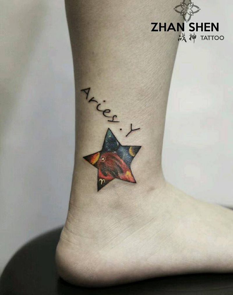 五角星 星空纹身图片_脚部腿部欧美写实水彩五角星星空遮盖纹身图案