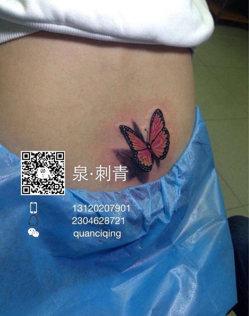 化茧成蝶纹身图片_成品腰部清新写实动物纹身图案