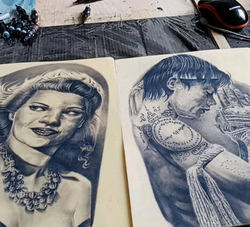 练习纹身图片_腿部欧美写实纹身图案