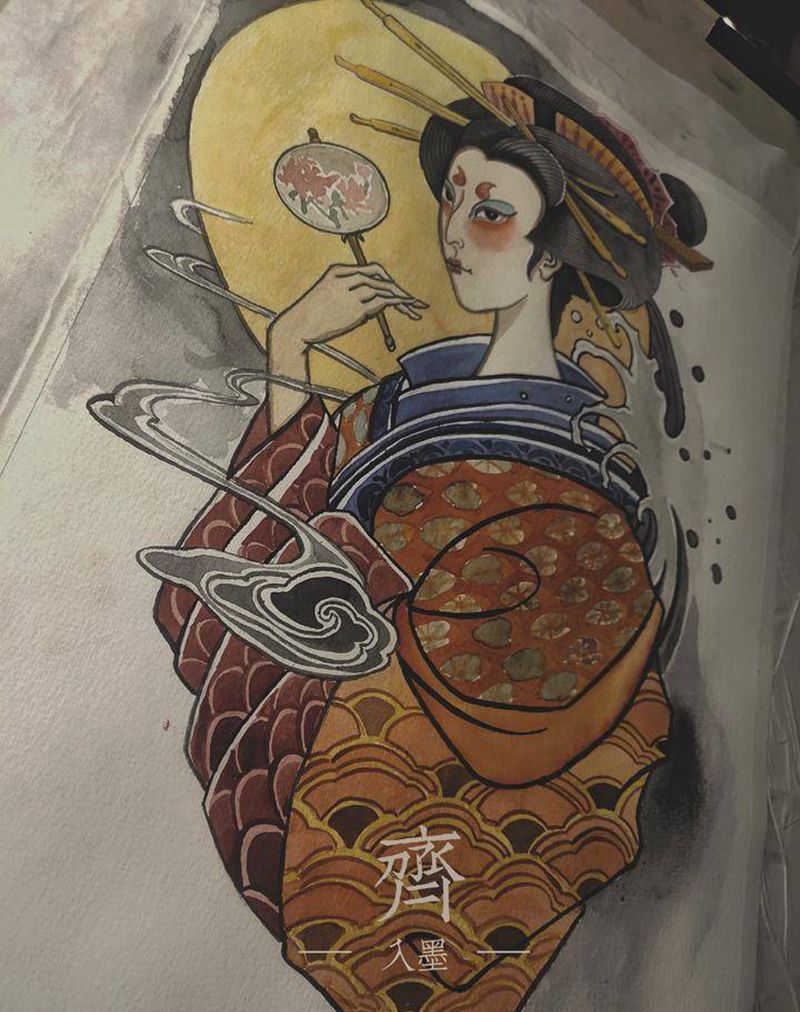 艺伎纹身图片_腿部水彩纹身图案