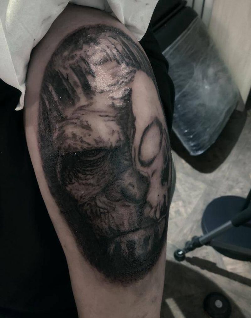 猩球崛起纹身图片_肩部欧美写实猩猩骷髅钟表纹身图案