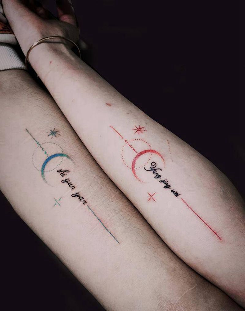 情侣纹身纹身图片_手臂手部水彩几何情侣纹身月亮纹身纹身图案