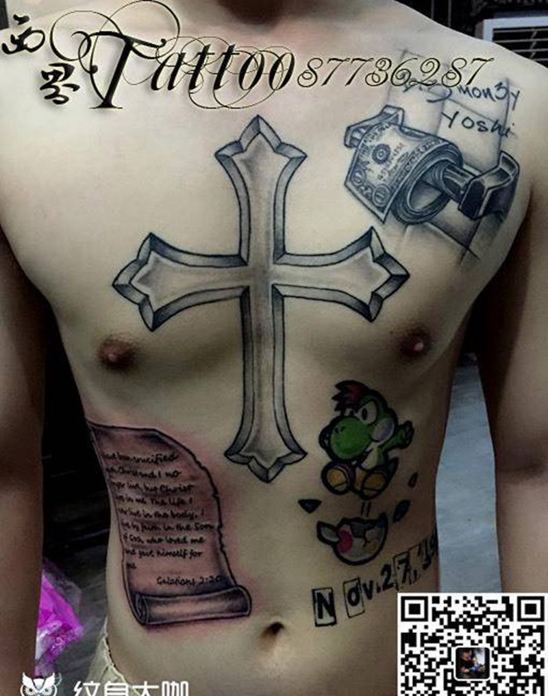 欧美拼图纹身图片_成品胸部欧美写实纹身图案