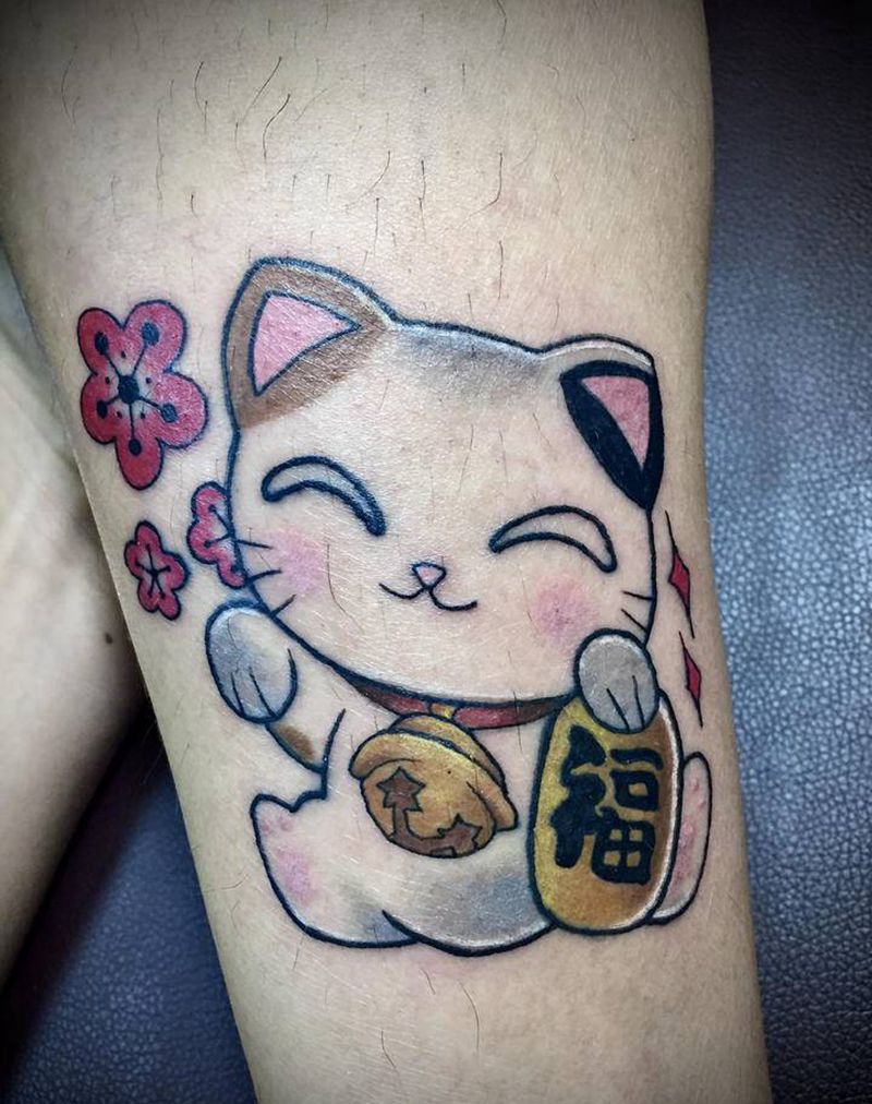 招财猫纹身图片_腿部新传统招财猫猫咪福猫纹身图案