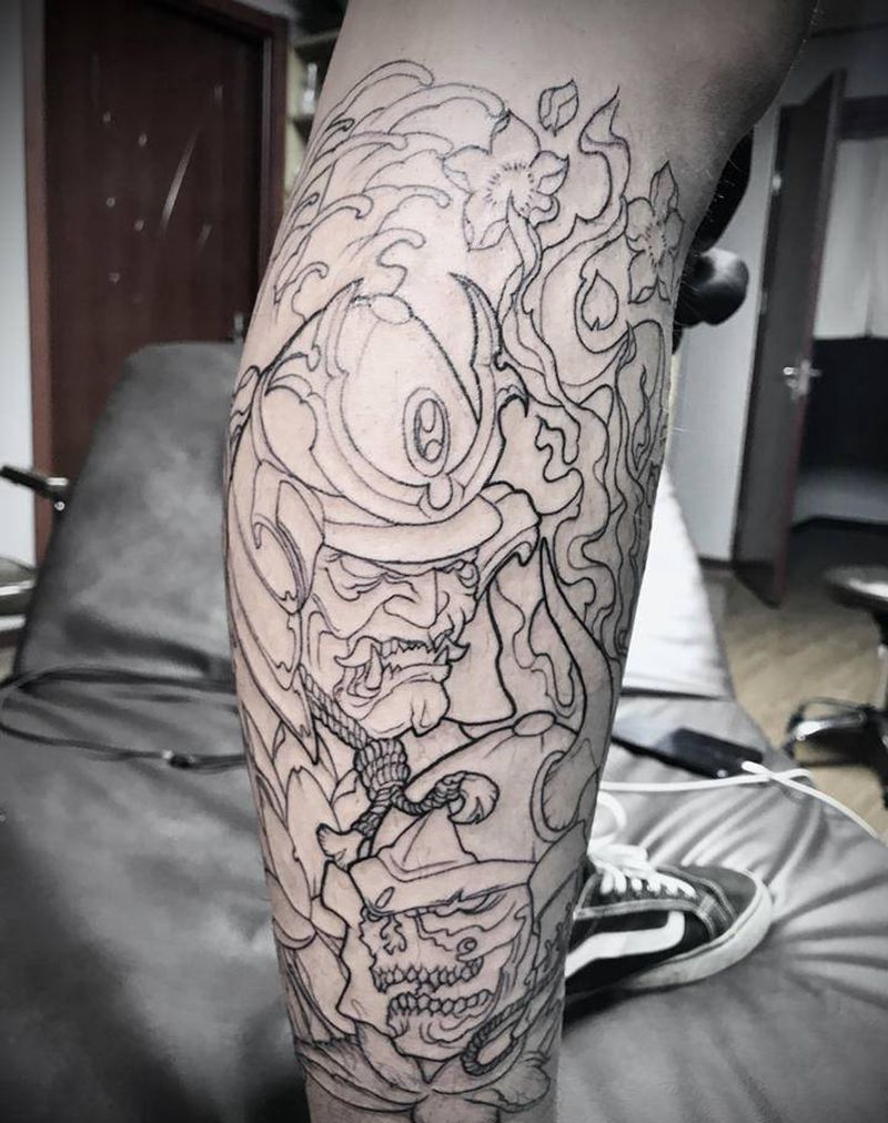 鬼武士纹身图片_腿部新传统鬼武士纹身图案