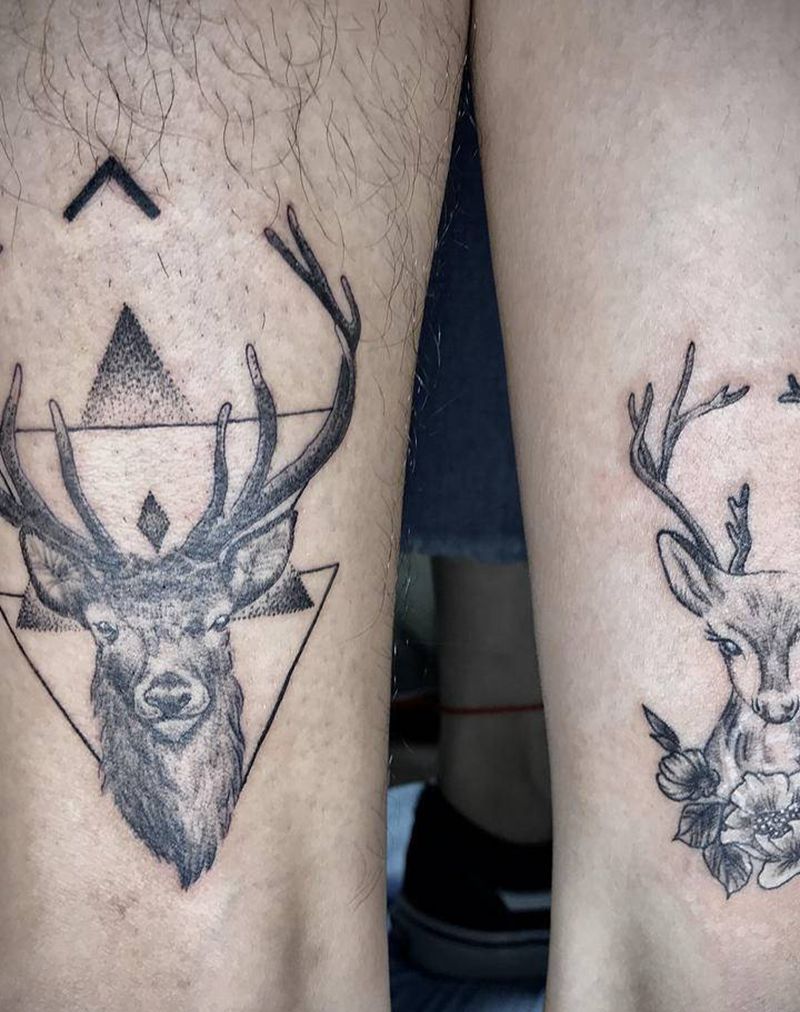 情侣鹿头纹身图片_腿部欧美写实鹿驯鹿鹿头纹身图案