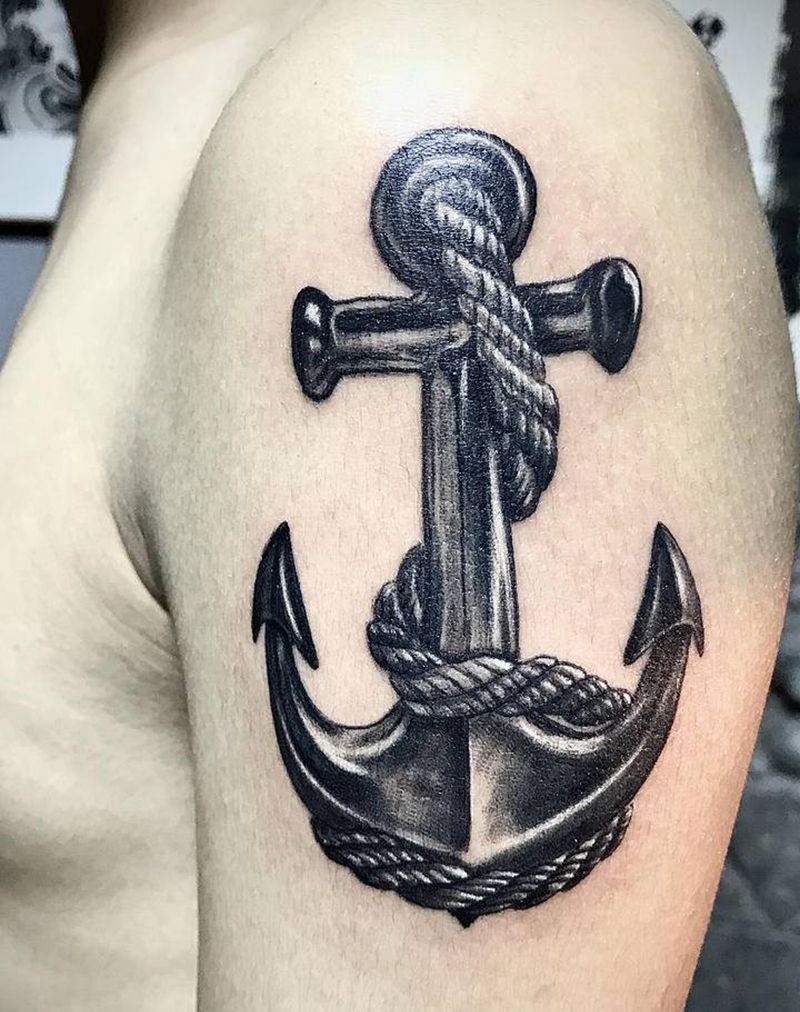 锚船纹身图片_肩部欧美写实锚船锚纹身图案
